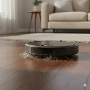 Illustration of a robot vacuum suctioning pet hair and dander from dark maple hardwood flooring, common in Canadian households.