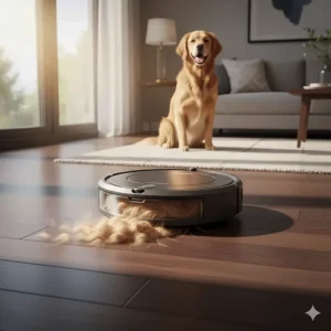 Robot vacuum removing golden retriever shedding from dark walnut hardwood floors.