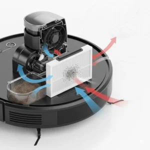 Diagram showing a HEPA filter trapping fine pet allergens and dust particles inside a robot vacuum cleaner.