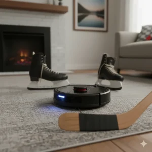A robot vacuum and mop combo using sensors to navigate around a pair of skates and a hockey stick on the floor.