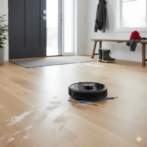 2-in-1 robot vacuum and mop cleaning salt stains and footprints from a Canadian entryway.