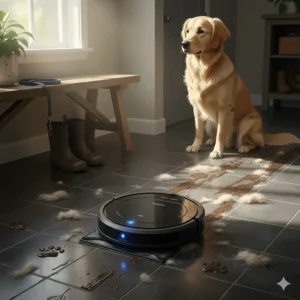 An illustration of a robot vacuum and mop combo cleaning muddy paw prints and pet hair off a tiled entryway.