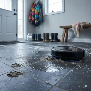 Hybrid robot vacuum and mop cleaning dried salt and muddy paw prints in a Canadian mudroom during winter.