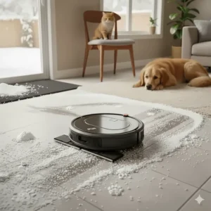 A top-down view of a robot vacuum using its mopping function to dissolve stubborn road salt residue.