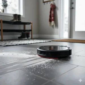 A robot vacuum and mop combo effectively removing dried road salt and slush residue from a front foyer.