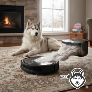 High-suction robot vacuum picking up thick pet hair on a rug, ideal for Canadian pet owners during shedding season.