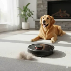 Affordable robot vacuum under $300 CAD effectively removing golden retriever pet hair from a low-pile carpet.