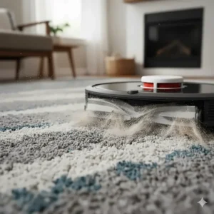 Close-up illustration of robot vacuum brushes lifting embedded pet fur from a high-pile area rug.