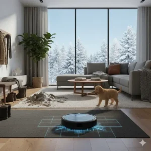 A mapping robot vacuum cleaning pet hair and dried mud in a Canadian entryway or mudroom.