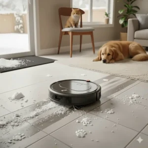 An illustration of a robot vacuum cleaning salty pet paw prints and slush off tiled flooring.