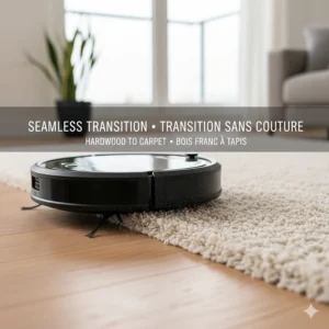 Close-up illustration of a robot vacuum transitioning easily from Canadian maple hardwood to a high-pile area rug.