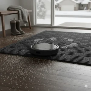 A robot vacuum transitioning from a salty hard floor to a heavy-duty winter door mat.