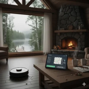 A Roomba cleaning a rustic Muskoka-style cottage while the owners monitor it remotely via Wi-Fi.