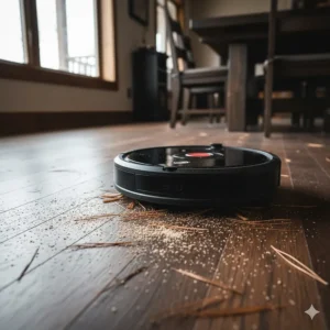 A robot vacuum cleaning pine needles and dust off dark Canadian maple hardwood flooring.