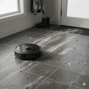 A Roomba vacuum cleaning dried road salt and boot prints from a tiled Canadian entryway.