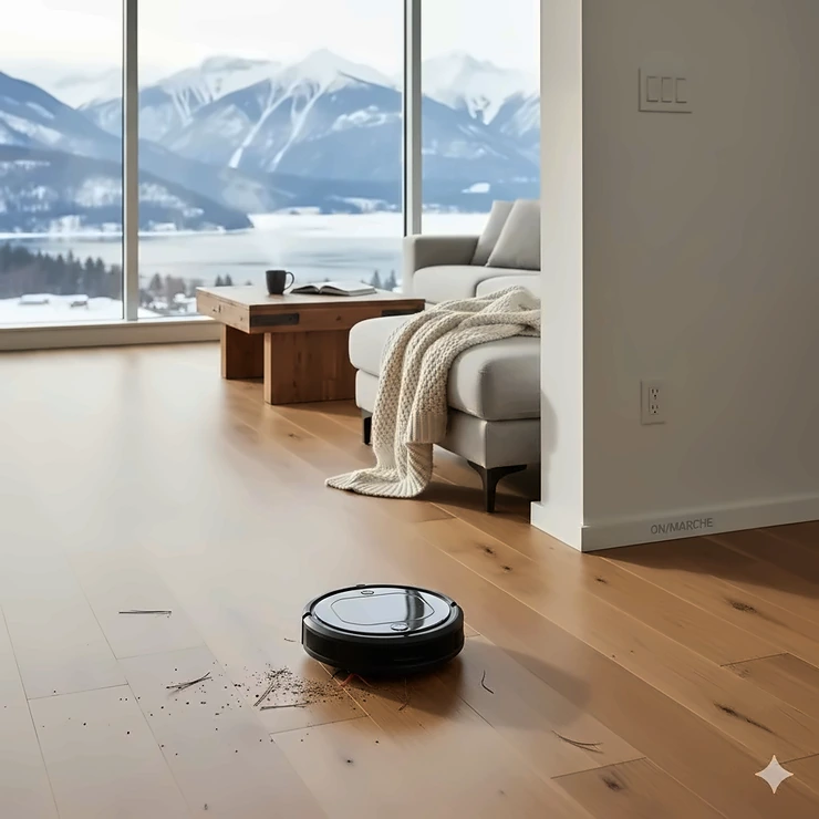A Roomba robot vacuum cleaning a modern hardwood living room in a Canadian home with a view of snow-capped mountains in the background. Roomba for Canada