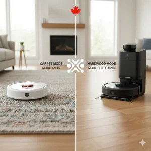 Performance comparison of Roomba vs Roborock on mixed flooring types common in Canadian homes, from high-pile carpets to maple hardwood.