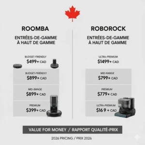 Price-to-performance guide for Roomba vs Roborock in Canada, featuring budget-friendly and premium robot vacuum models in CAD.