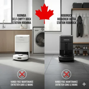 Comparison of self-emptying and auto-wash stations for Roomba vs Roborock, highlighting hands-free maintenance for busy Canadians.