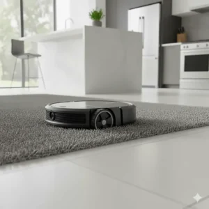 High-end robot vacuum transitioning smoothly from a thick area rug to tile flooring in a Canadian-style open-concept kitchen.