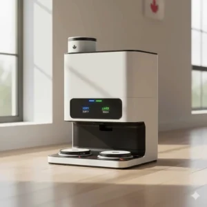 A sleek self-emptying station for a robot vacuum with bilingual English and French indicator lights.