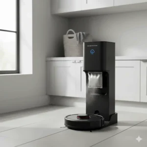 A sleek, self-emptying robot vacuum base station located in a laundry room or mudroom.
