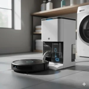 An illustration of a robot vacuum returning to its docking station to auto-empty debris and refill water in a laundry room.