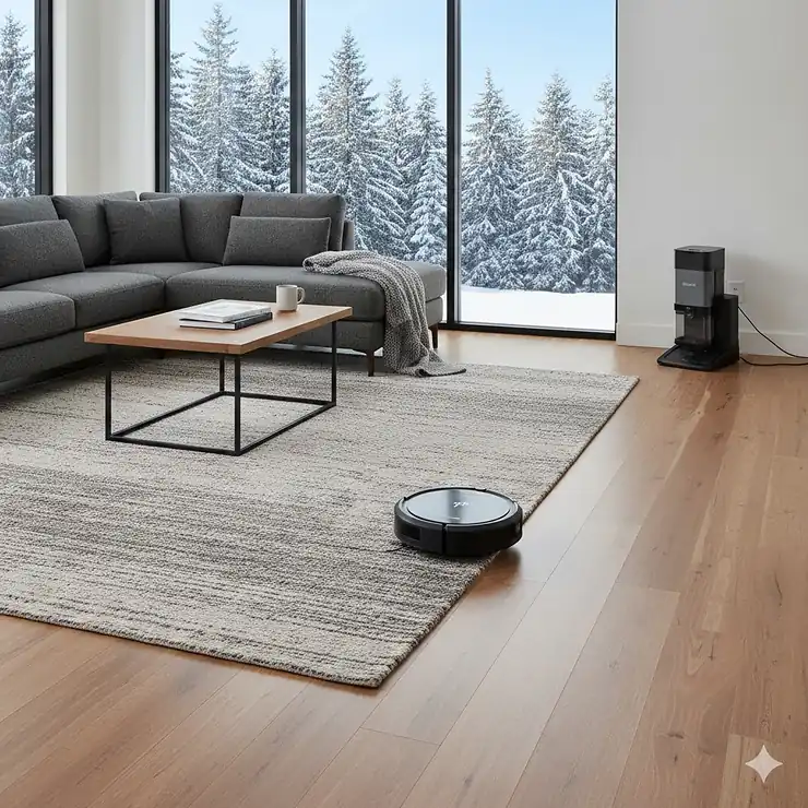 A Shark robot vacuum cleaning a hardwood floor in a modern Canadian home during winter.
