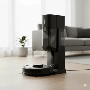 A Shark self-empty robot vacuum docked at its charging station in a sleek condo.