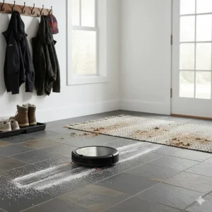 Shark robot vacuum cleaning dried road salt and debris in a Canadian mudroom.