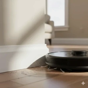 Shark robot vacuum using edge-cleaning technology to reach corners and baseboards.