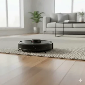 Shark robot vacuum transitioning from kitchen tile to a living room rug.