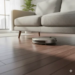 Low-profile robot vacuum sliding under a mid-century modern sofa on polished wood flooring.