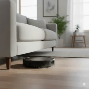 A low-profile robot vacuum under $300 CAD sliding easily under a sofa to clean hard-to-reach dust.