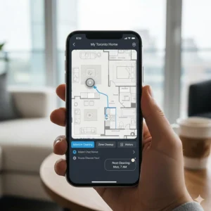 A smartphone displaying a floor plan map of a Toronto condo used to schedule a robot vacuum for pet hair removal.