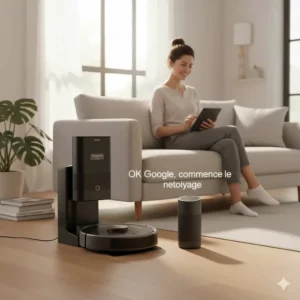 A smart robot vacuum docked next to a voice assistant in a minimalist Canadian interior.