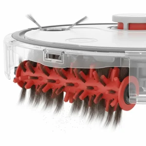Technical illustration of a tangle-free silicone brushroll designed to prevent long pet hair wrap in a robot vacuum.