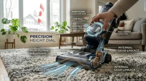 Close-up of adjustable height settings on an upright vacuum for different carpet thicknesses.