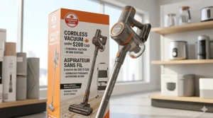 A cordless vacuum under $200 with bilingual English and French feature highlights, representing the best budget vacuum value in Canada.