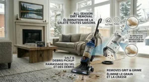 Illustration of a bagless upright vacuum cleaning up winter road salt, grit, and outdoor debris from a wooden floor in a Canadian home entryway.