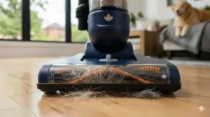 Illustration of a tangle-free brush roll technology designed to lift stubborn Canadian Shepherd or Husky hair from floors.