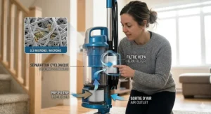 High-performance bagless upright vacuum removing thick pet hair from a beige area rug, ideal for Canadian pet owners.