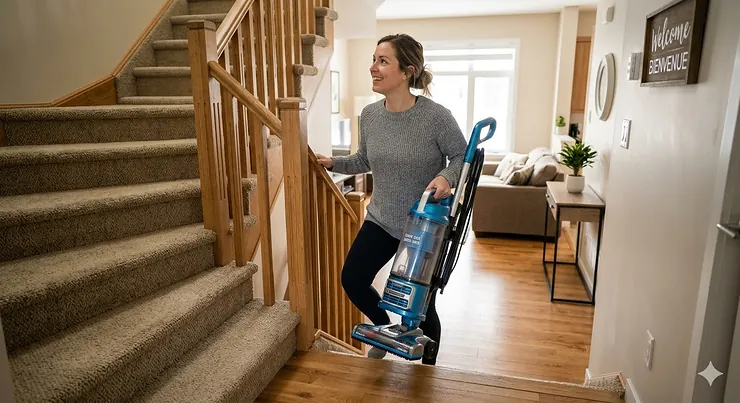 A powerful bagless upright vacuum under $300 being used on a living room rug in a modern Canadian home. bagless upright vacuum under 300