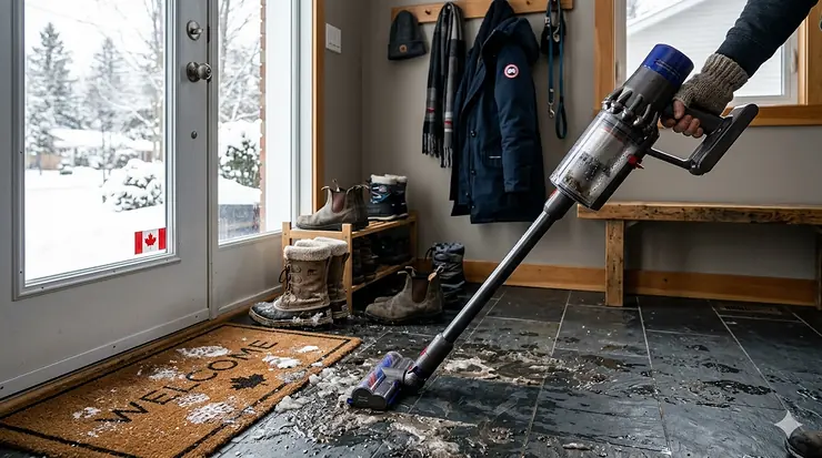 A high-performance cordless vacuum cleaning wet boot prints and grey winter slush from a tiled Canadian entryway. cordless vacuum for winter mud and slush