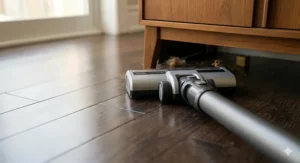 High-suction cordless vacuum removing pet hair from hardwood floors, ideal for Canadian pet owners during shedding season.