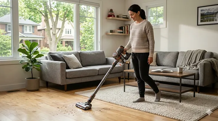 A person cleaning a modern Canadian living room with a lightweight cordless vacuum under $200, showing efficient dust pickup on hardwood floors.