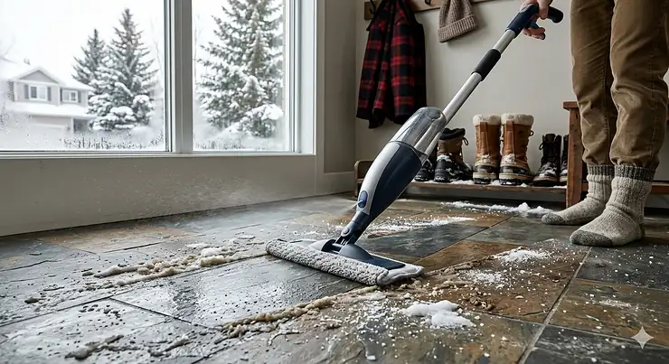 A high-quality cordless electric mop cleaning a modern Canadian living room with maple hardwood floors. electric mop Canada