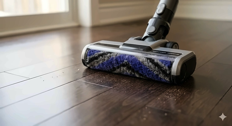 A person cleaning a modern Canadian living room with a lightweight cordless vacuum for hardwood floors, highlighting its slim design and portability.