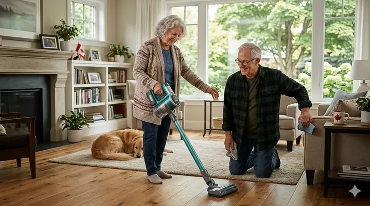 A senior Canadian couple smiling while using a lightweight upright vacuum in a bright, modern living room with hardwood floors.