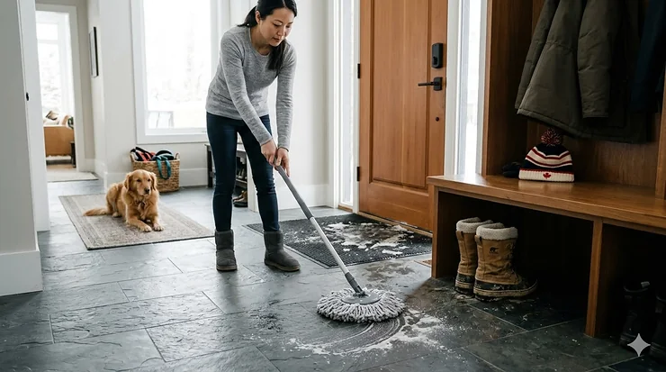 A person using a high-quality mop for winter salt removal on a dark slate entryway floor in a modern Canadian home.